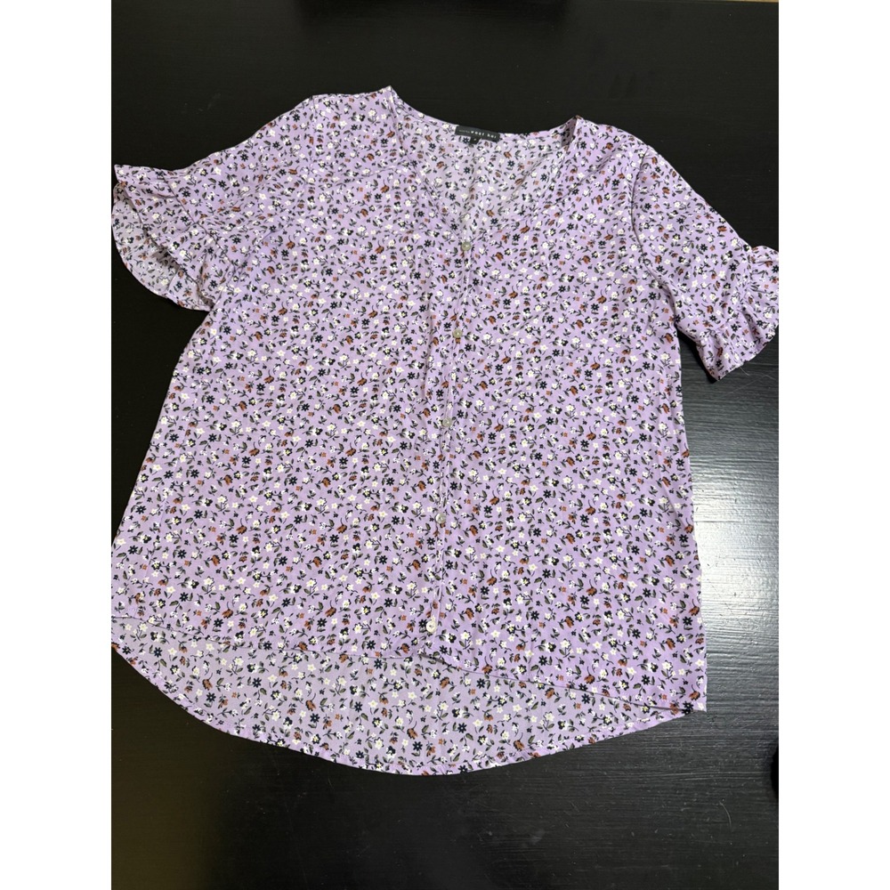 West Kei Purple Floral Ruffle Sleeve Button Down Blouse V-Neck Small TU39758-R